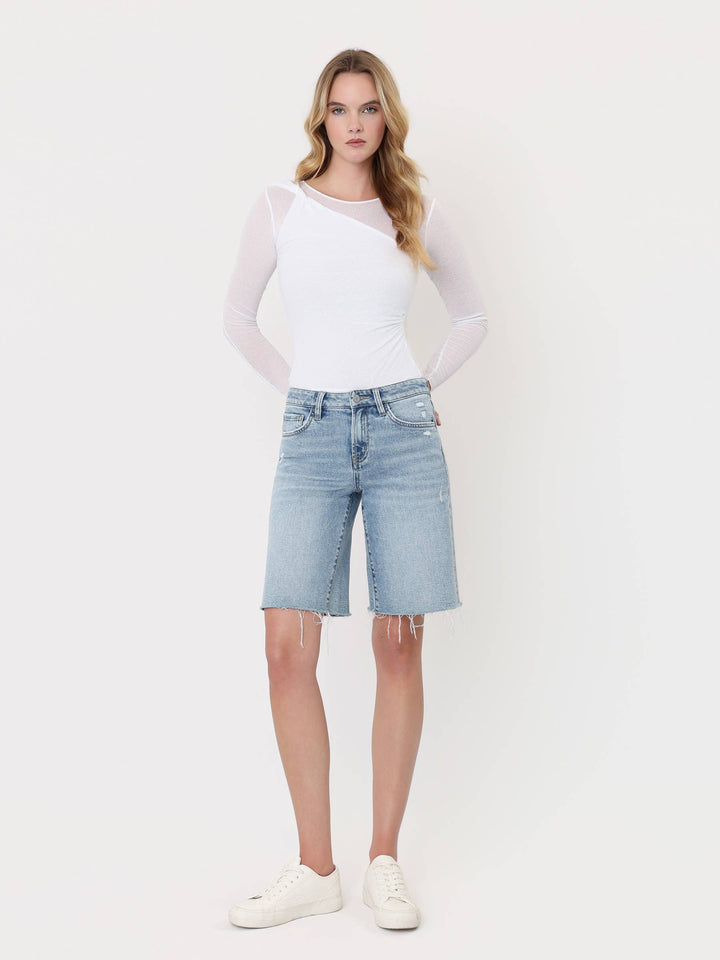 Denim - MID RISE RAW HEM LIGHT WASH DENIM JORTS - - Cultured Cloths Apparel