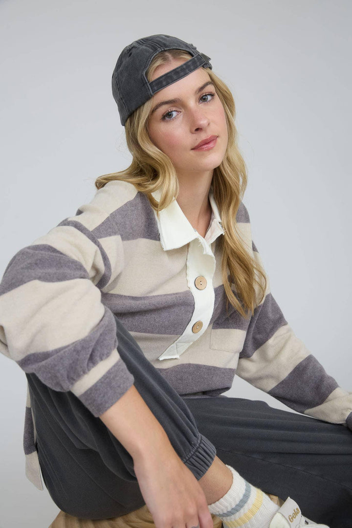 Women's Long Sleeve - WASHED STRIPE CONTRAST COLLAR LONG SLEEVE KNIT TOP - CHARCOAL - Cultured Cloths Apparel