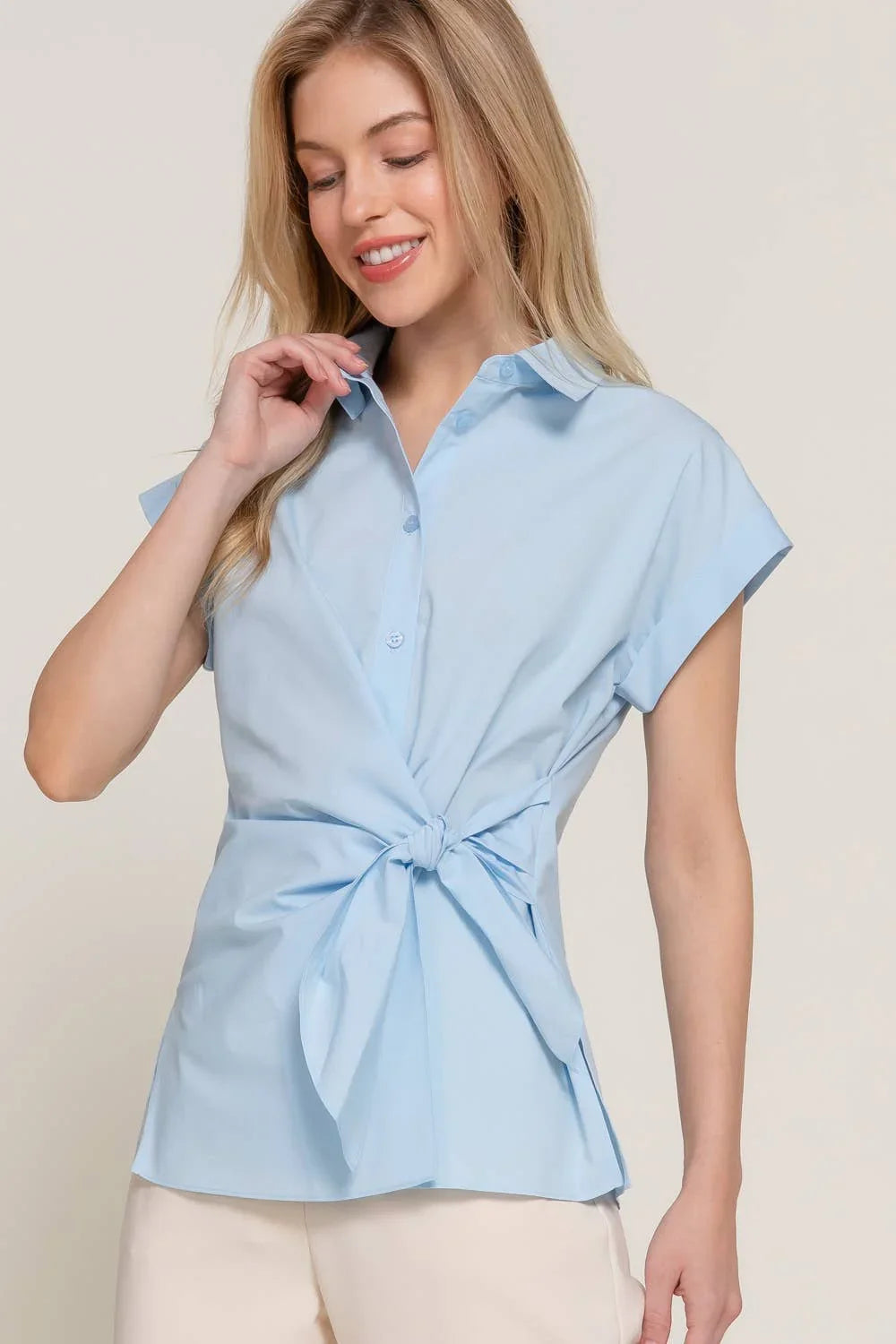 Women's Short Sleeve - Short Dolman Sleeve Button Down Side Knot Poplin Shirt - - Cultured Cloths Apparel