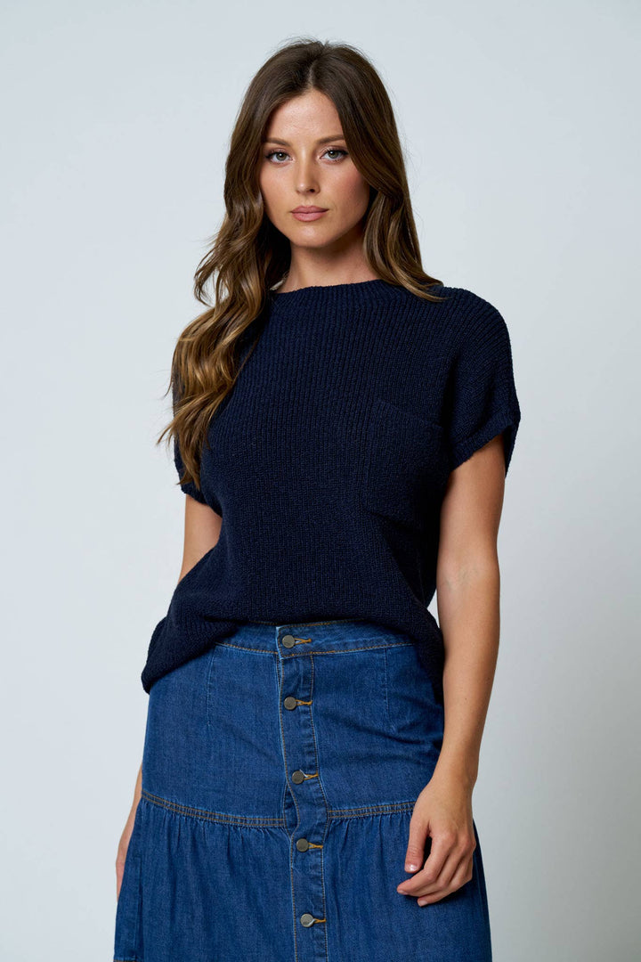 POCKET DETAIL DROP SHOULDER SHORT SLEEVE SWEATER