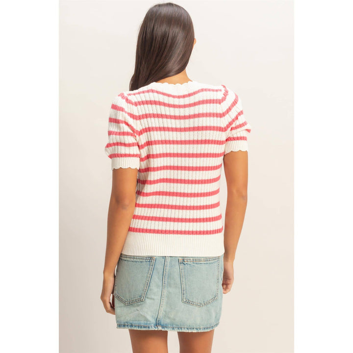 Striped Scallop Edge Puff Sleeve Knit Top
