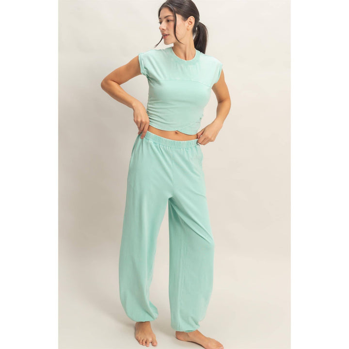 Athleisure - Rolled Sleeve Wrap-Front Crop Top And Jogger Set - - Cultured Cloths Apparel