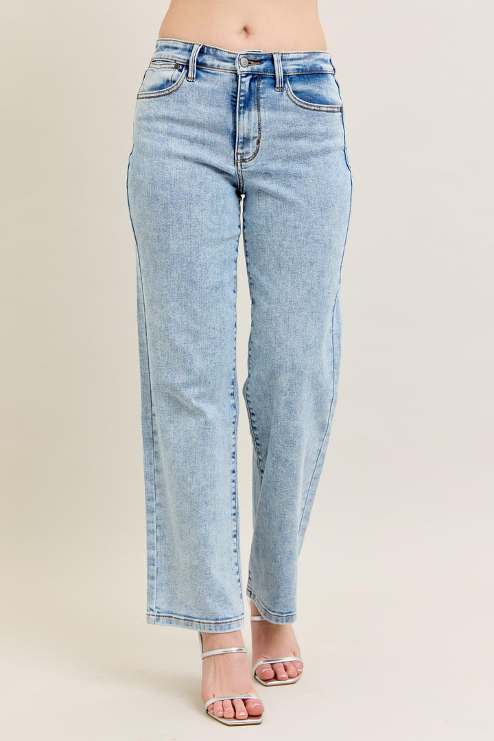 Denim - Judy Blue Full Size High Waist Stone Wash Straight Jeans - Light - Cultured Cloths Apparel