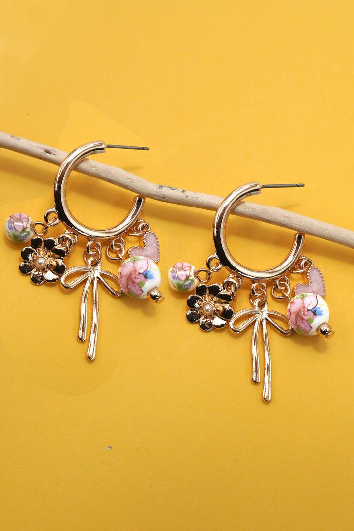 Accessories, Earrings - CERAMIC PORCELAIN BOW FLOWER CHARM DROP HOOP | 80E6644 - - Cultured Cloths Apparel