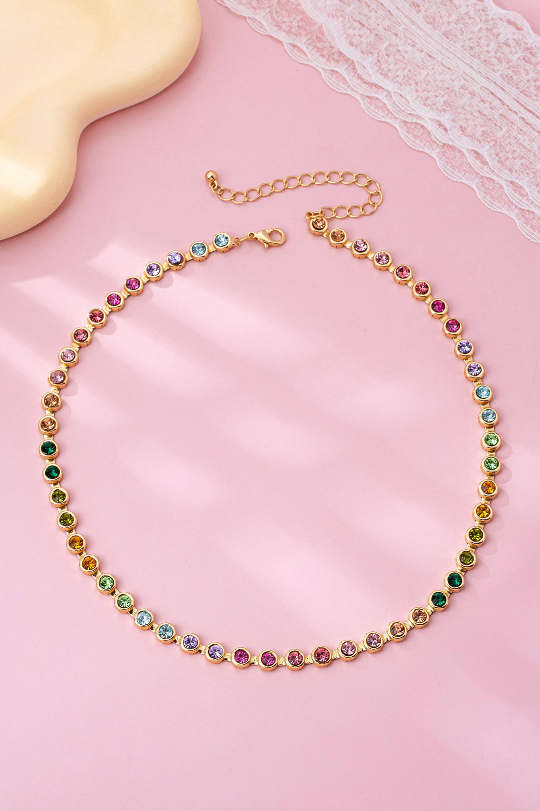 Rainbow Bezel-Set Gemstone Tennis Necklace