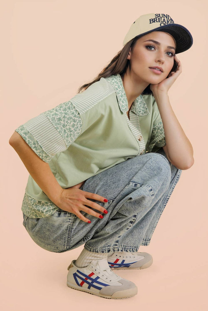 Women's Short Sleeve - Oversized Half Button Down Collared Knit Top - - Cultured Cloths Apparel