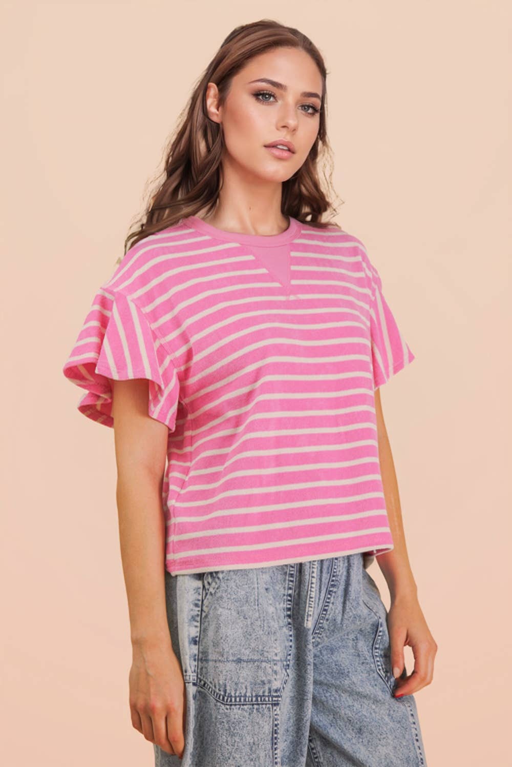 Oversized Ruffle Sleeve Casual Stripe Knit Top