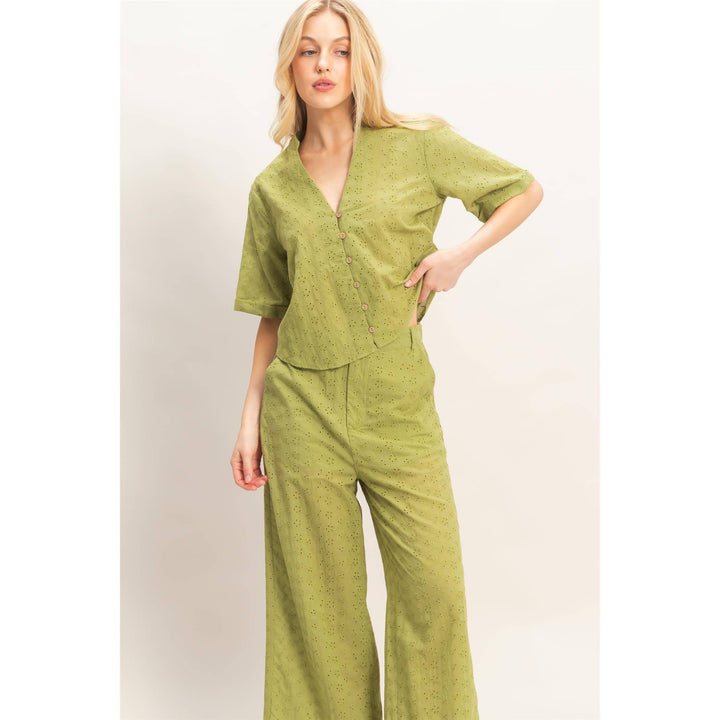 Olive Floral Eyelet Mandarin Collar Top