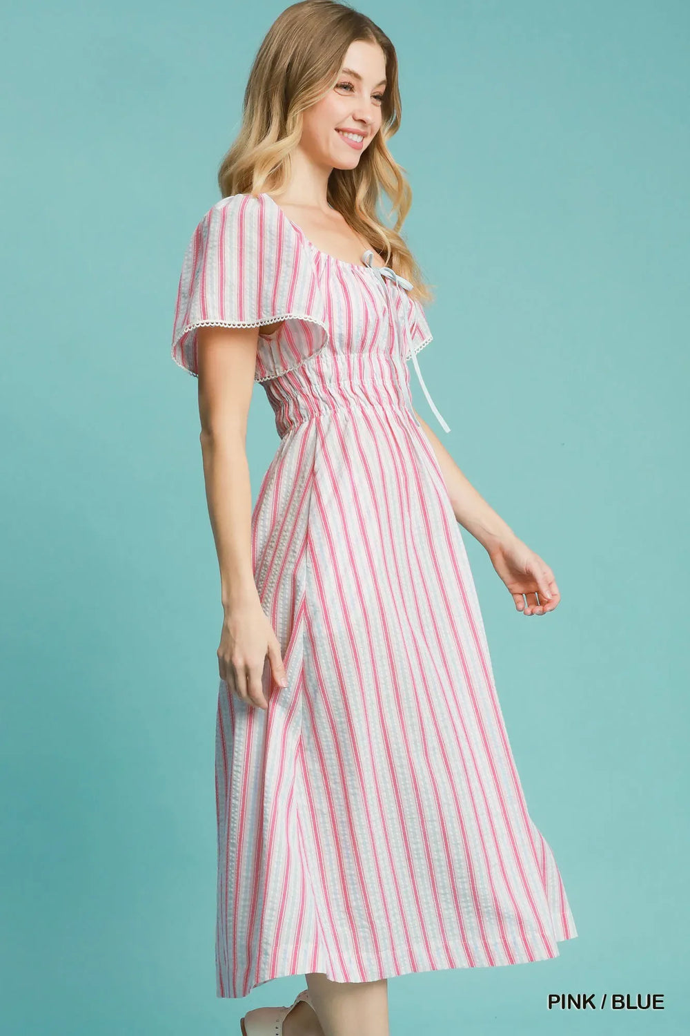 Women's Dresses - Umgee Smocked Striped Short Sleeve Midi Dress - - Cultured Cloths Apparel