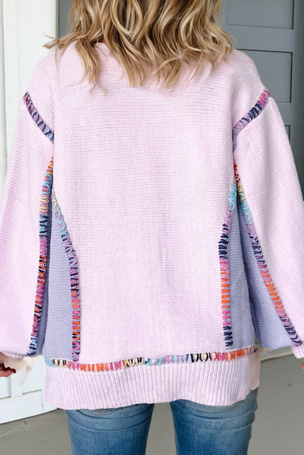 Color Block Stitching Bishop Sleeve Sweater (S-XL)