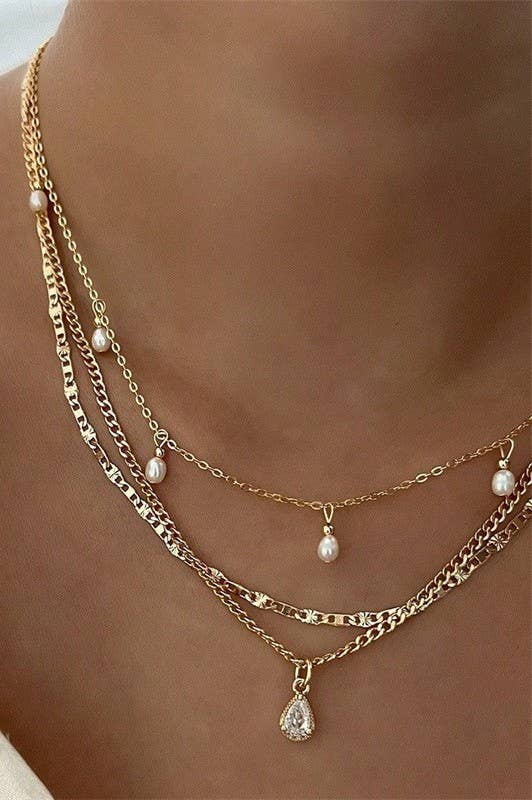 Accessories, Necklaces - MULTI LAYER STONE CHAIN TEARDROP CHARM NECKLACE | 40NK9637 - GOLD - Cultured Cloths Apparel