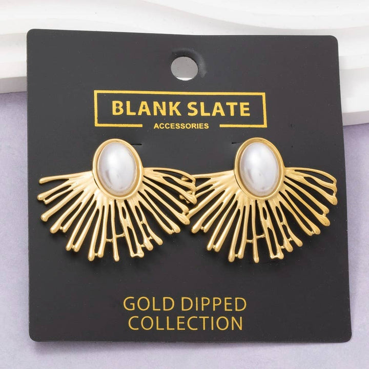 Accessories, Earrings - Gold Dipped Pearl Center Fan Ray Stud Earrings - - Cultured Cloths Apparel