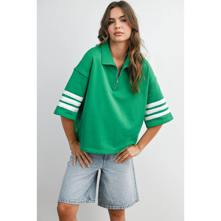 Women's Short Sleeve - Striped Sleeve Quarter-Zip Pullover - - Cultured Cloths Apparel
