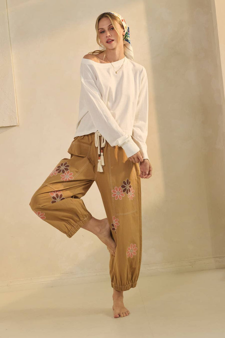 Pants - Floral Relaxed-fit Cropped Pants - Camel - Cultured Cloths Apparel