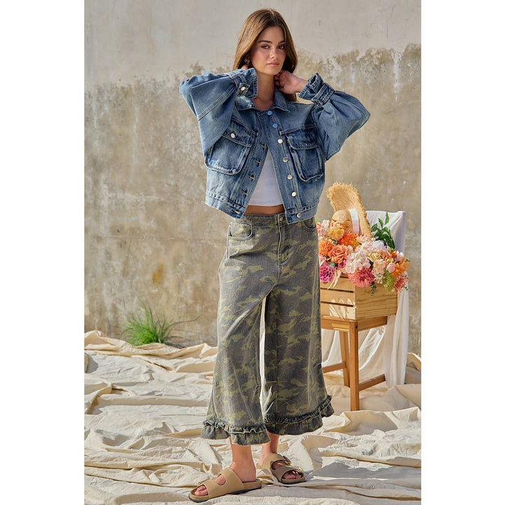 Pants - CAMOUFLAGE DENIM RUFFLED HEM MID RISE PANTS - - Cultured Cloths Apparel