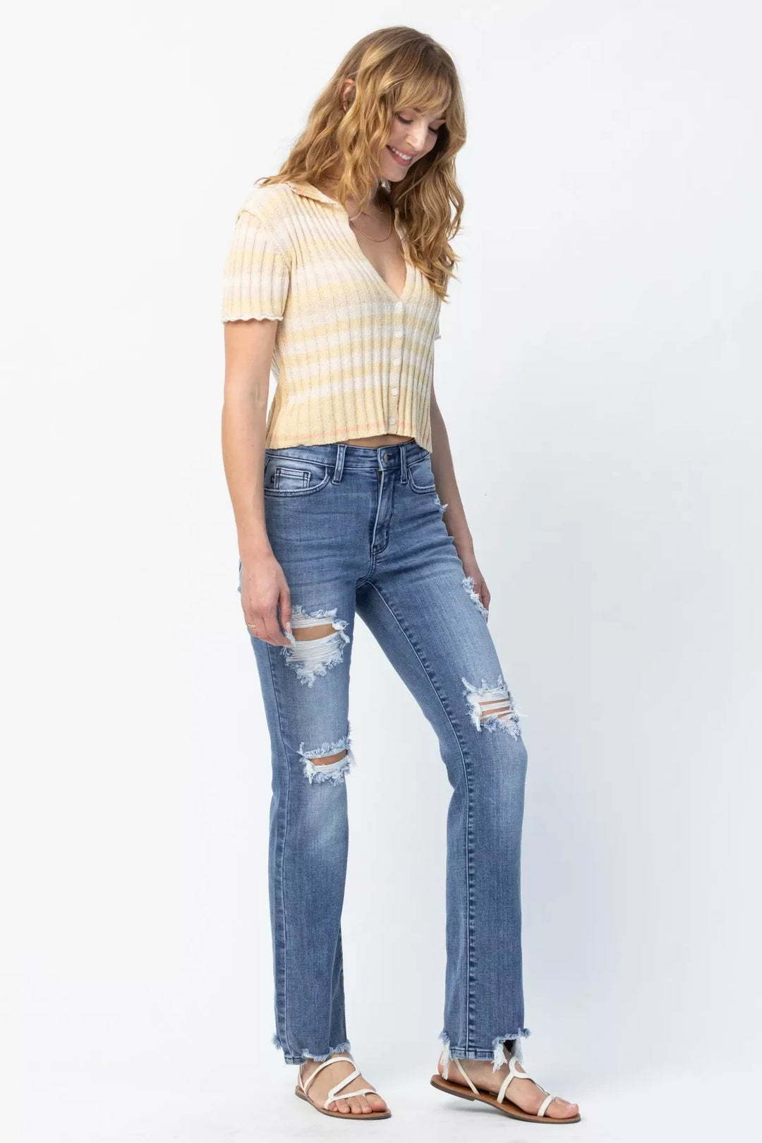 Denim - Judy Blue Full Size Mid Rise Destroy Straight Jeans Plus Size - - Cultured Cloths Apparel