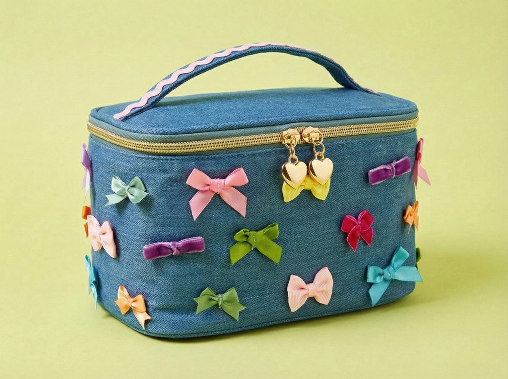 Travel Cosmetic Case / Train Case - Denim + Bows - Bella