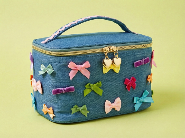 Travel Cosmetic Case / Train Case - Denim + Bows - Bella