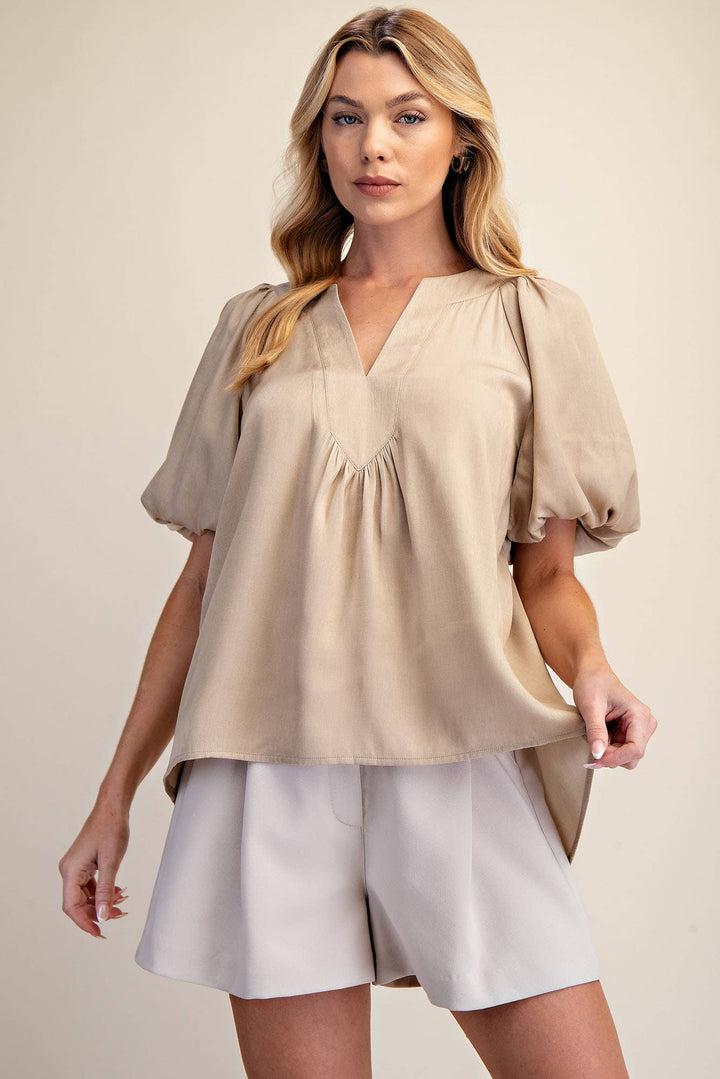- V-Neck Placket Balloon Sleeve Top - - Cultured Cloths Apparel