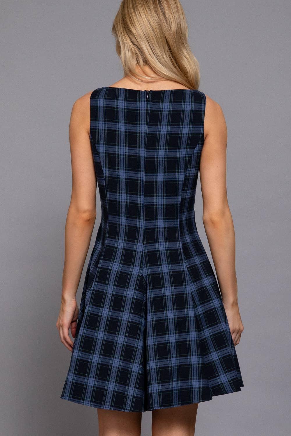 Women's Dresses - Sleeveless Boat Neck Swing Plaid Woven Mini Dress - NAVY/BLUE - Cultured Cloths Apparel