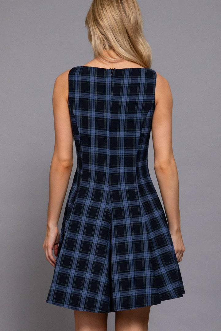 Women's Dresses - Sleeveless Boat Neck Swing Plaid Woven Mini Dress - NAVY/BLUE - Cultured Cloths Apparel