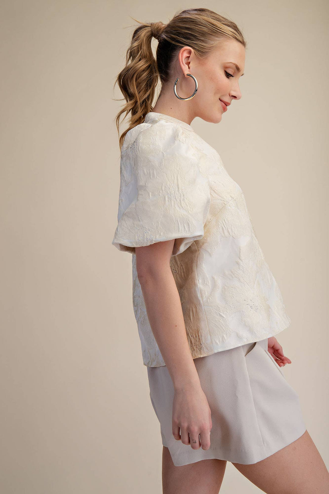 Women's Short Sleeve - V-Neck Puff Sleeve Jacquard Top - - Cultured Cloths Apparel