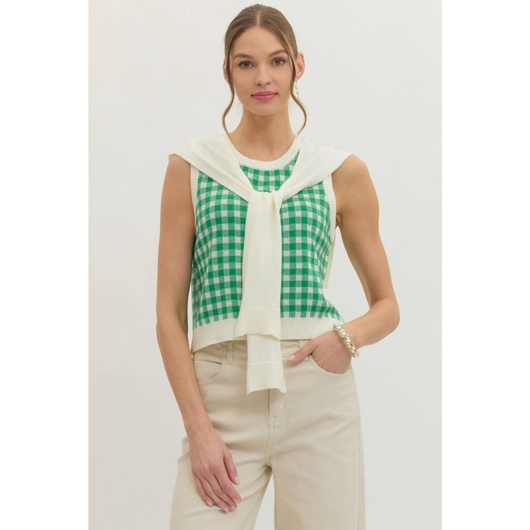 Women's Sleeveless - Gingham sleeveless sweater knit top - M - Cultured Cloths Apparel