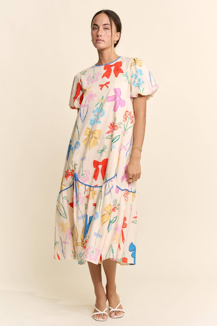 BOW FLOWER PRINTED BINDING DETAIL MIDI DRESS