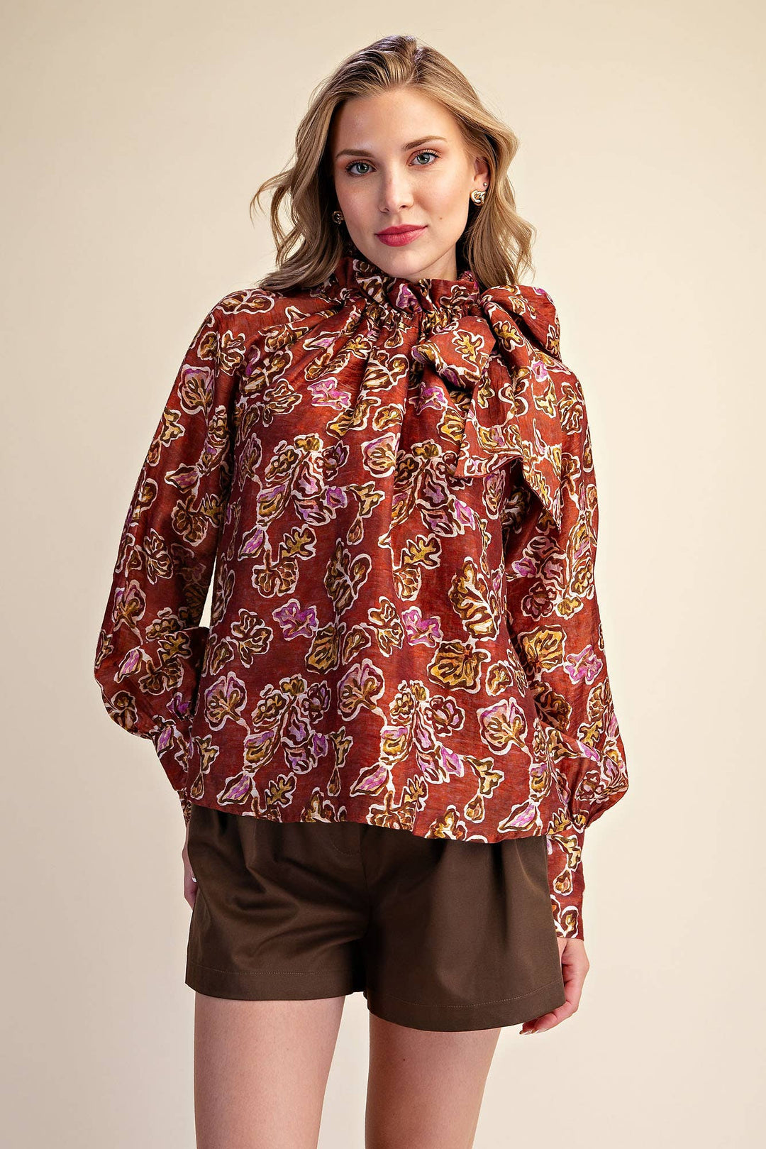Ruffle Tie Neck Long Sleeve Print Blouse