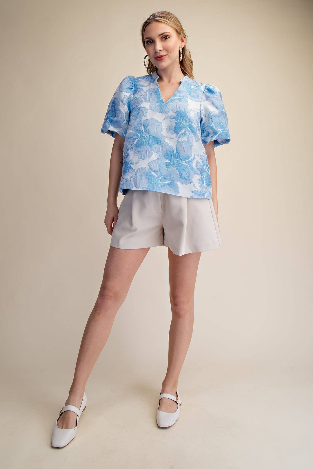 Women's Short Sleeve - V-Neck Puff Sleeve Jacquard Top - - Cultured Cloths Apparel