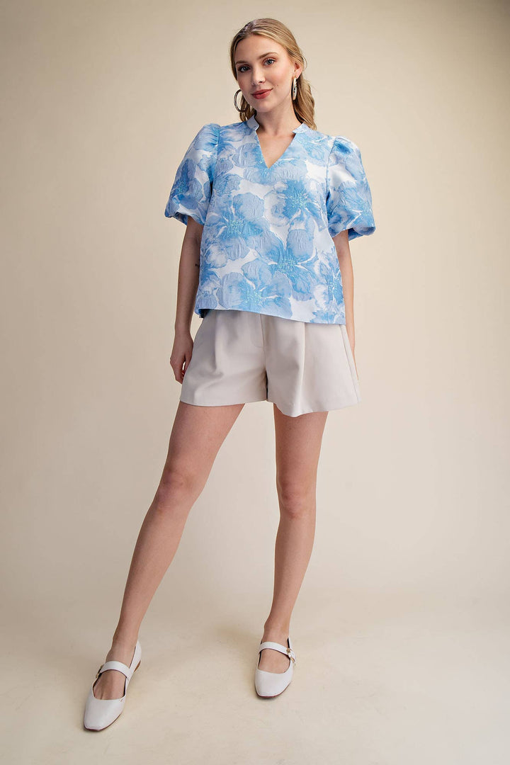 Women's Short Sleeve - V-Neck Puff Sleeve Jacquard Top - - Cultured Cloths Apparel