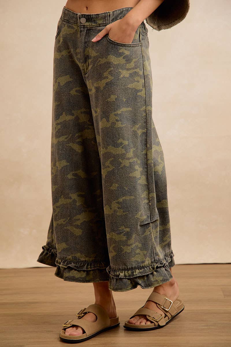 Pants - CAMOUFLAGE DENIM RUFFLED HEM MID RISE PANTS - - Cultured Cloths Apparel