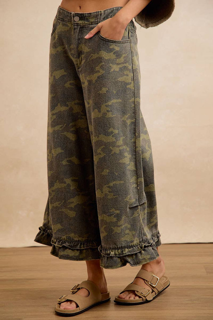 Pants - CAMOUFLAGE DENIM RUFFLED HEM MID RISE PANTS - - Cultured Cloths Apparel