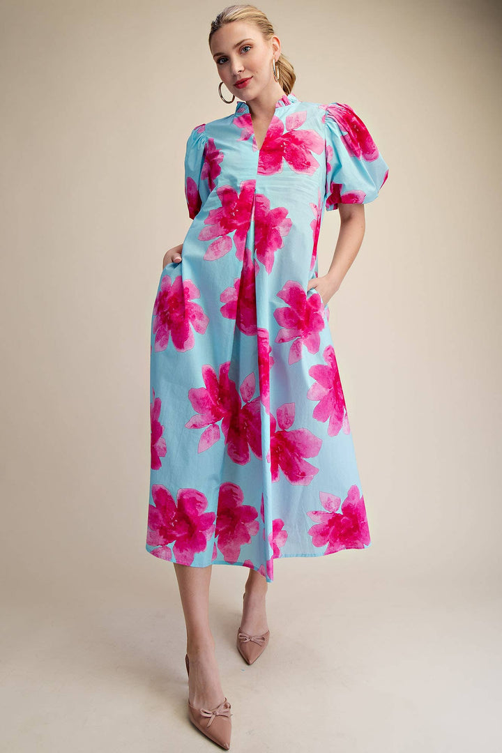 Lime Ruffle V-Neck Puff Sleeve Waist Pleated Midi Dress