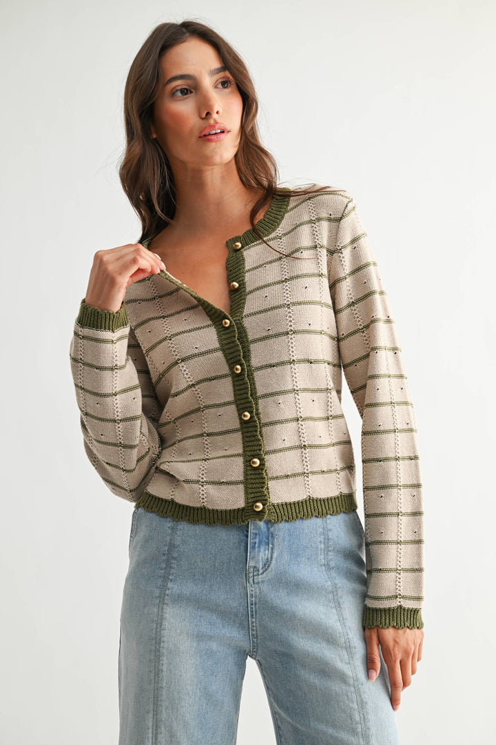 Olive Trim Button-Up Cardigan