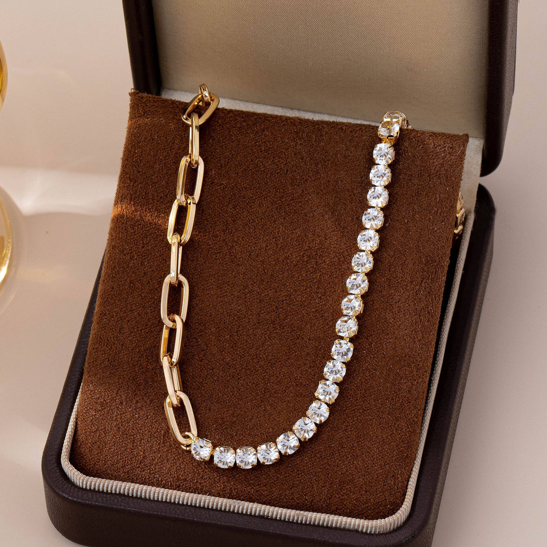 Accessories, Necklaces - Dual Necklace-Half Rhinestones & Half Link Chain | 80N92669 - - Cultured Cloths Apparel