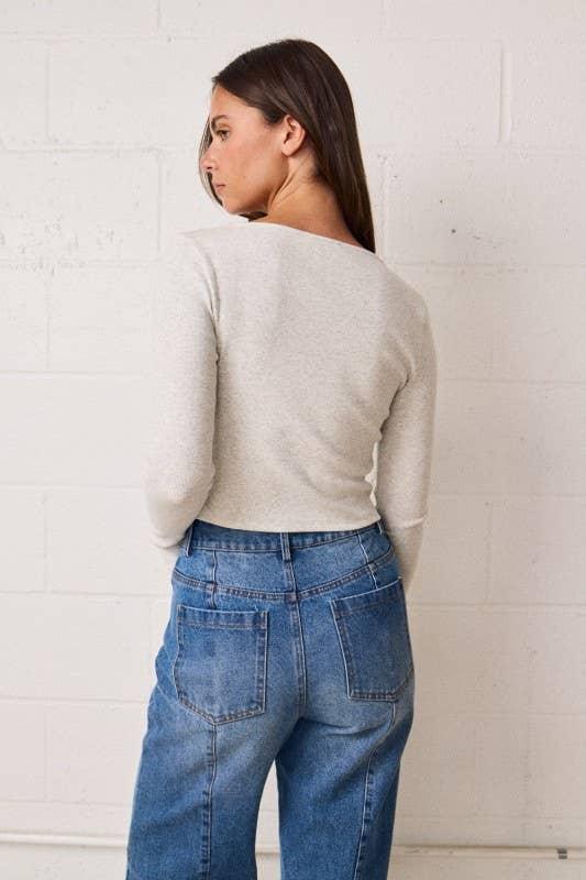 Women's Sweaters - Ribbed Stretchy Fitted Lacey N-Neck Top - - Cultured Cloths Apparel