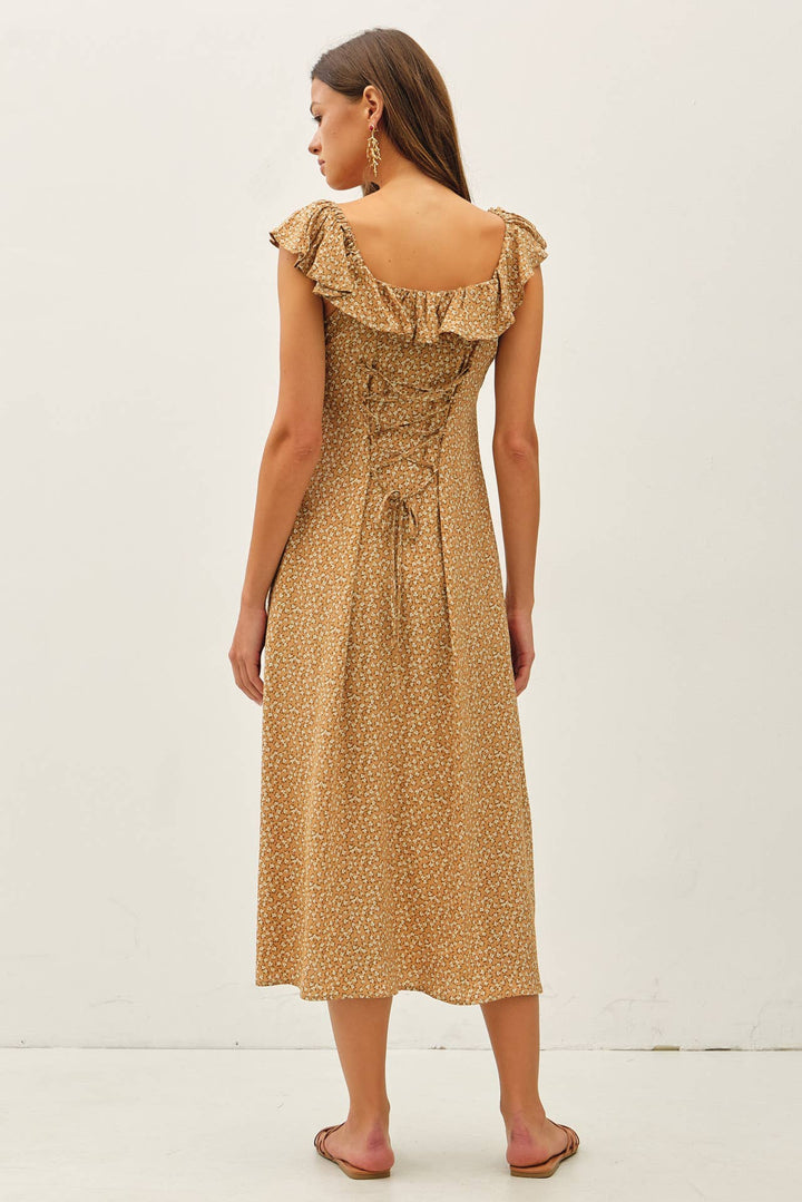 VITAGE DITSY PRINT RUFFLEED MIDI DRESS