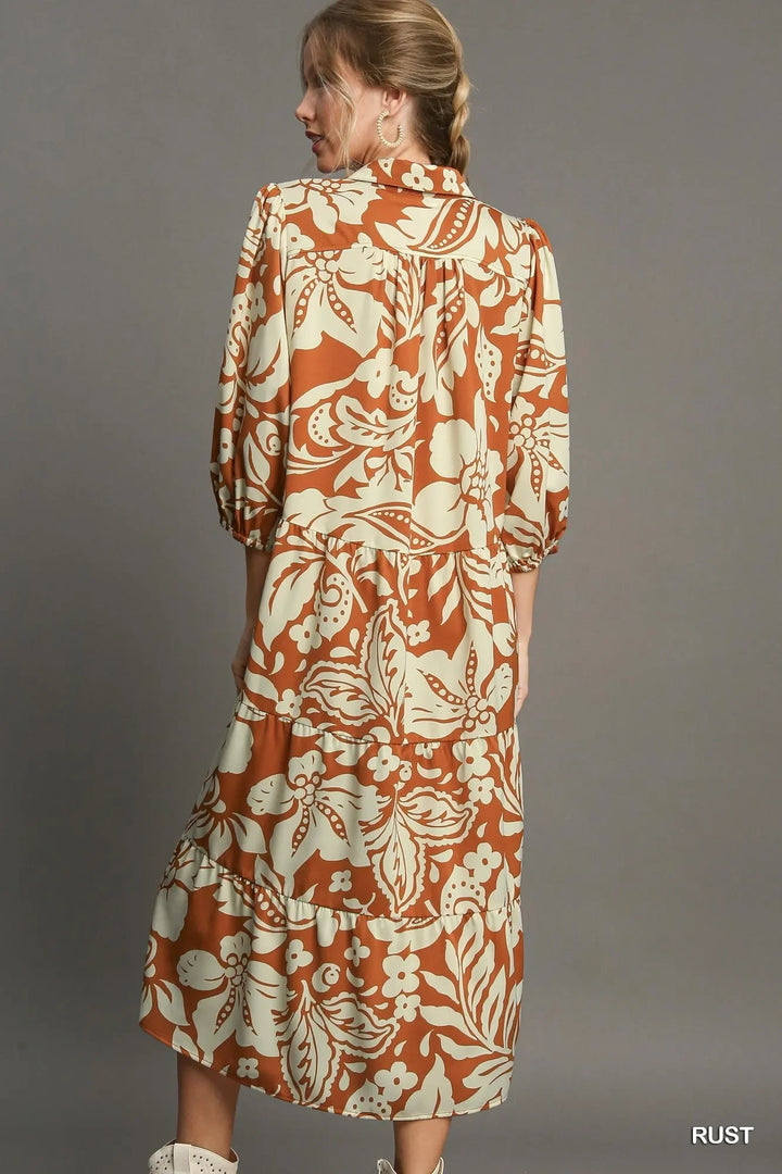 Women's Dresses - Umgee Full Size Floral Tiered Midi Shirt Dress - - Cultured Cloths Apparel