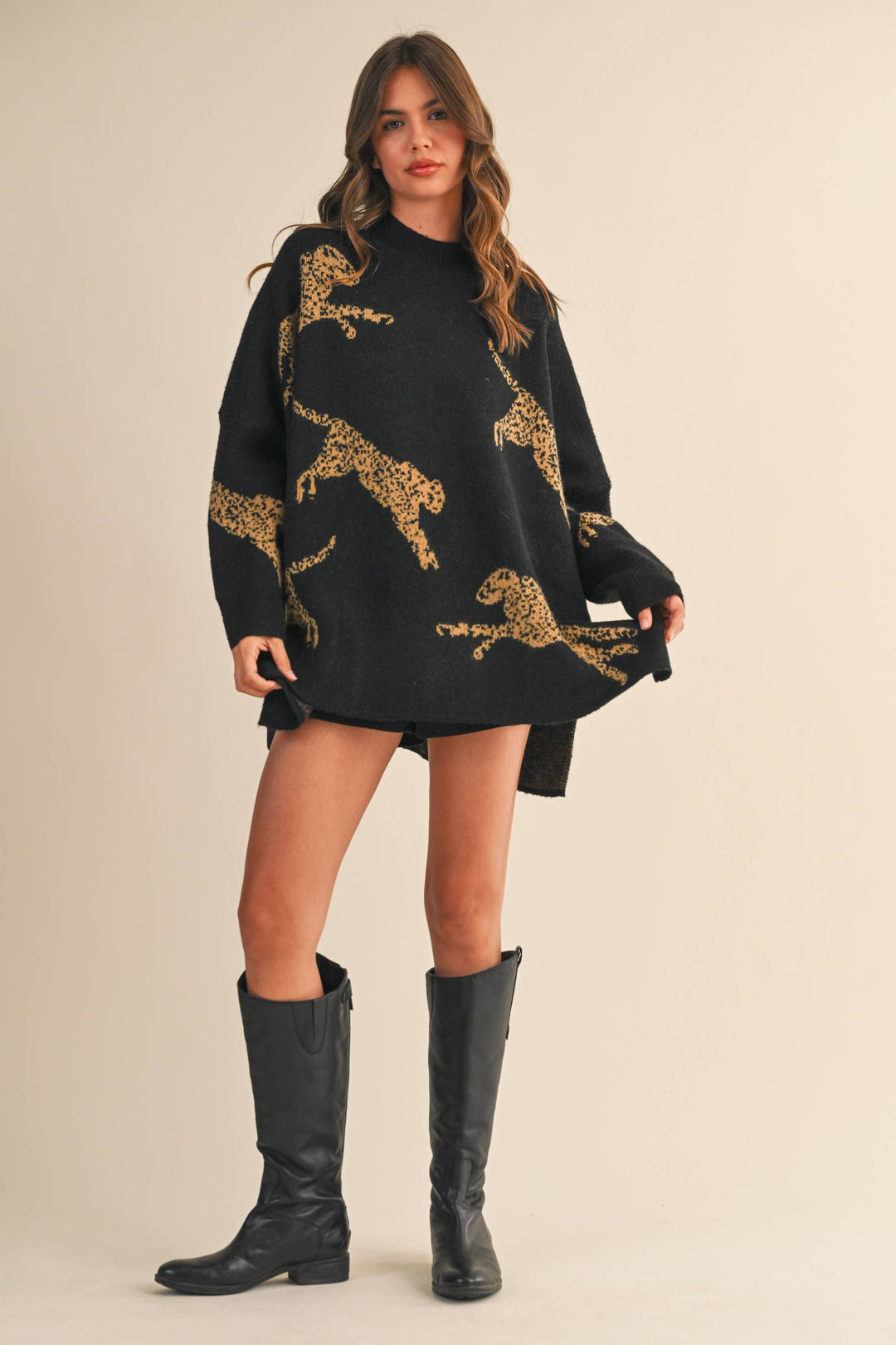 CHEETAH PRINT OVERSIZED MOCK NECK SWEATER TOP