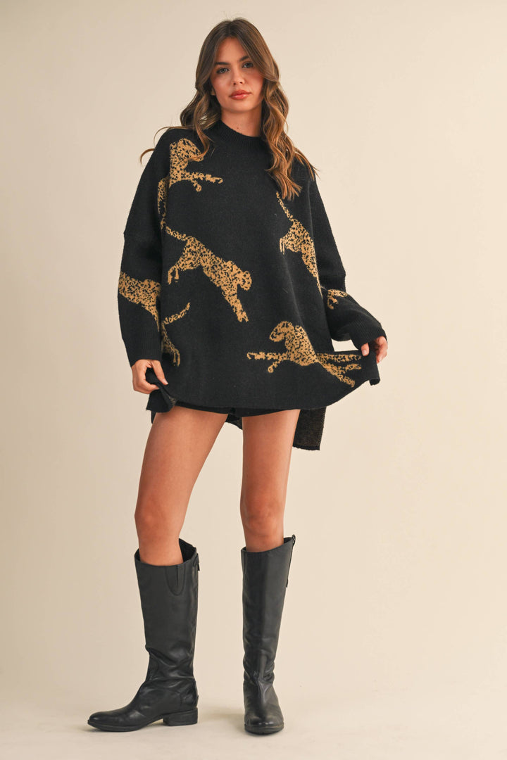 CHEETAH PRINT OVERSIZED MOCK NECK SWEATER TOP