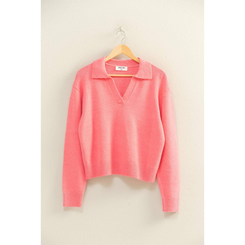 Women's Sweaters - Collared V Neck Sweater - TAFFY PINK - Cultured Cloths Apparel