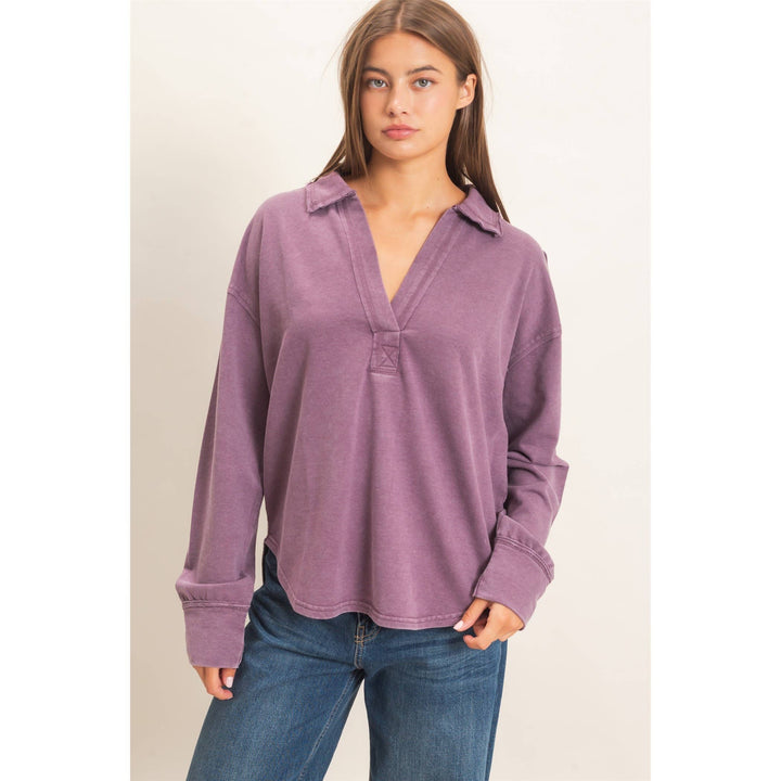 Mineral Washed Polo Collar Long Sleeve Top