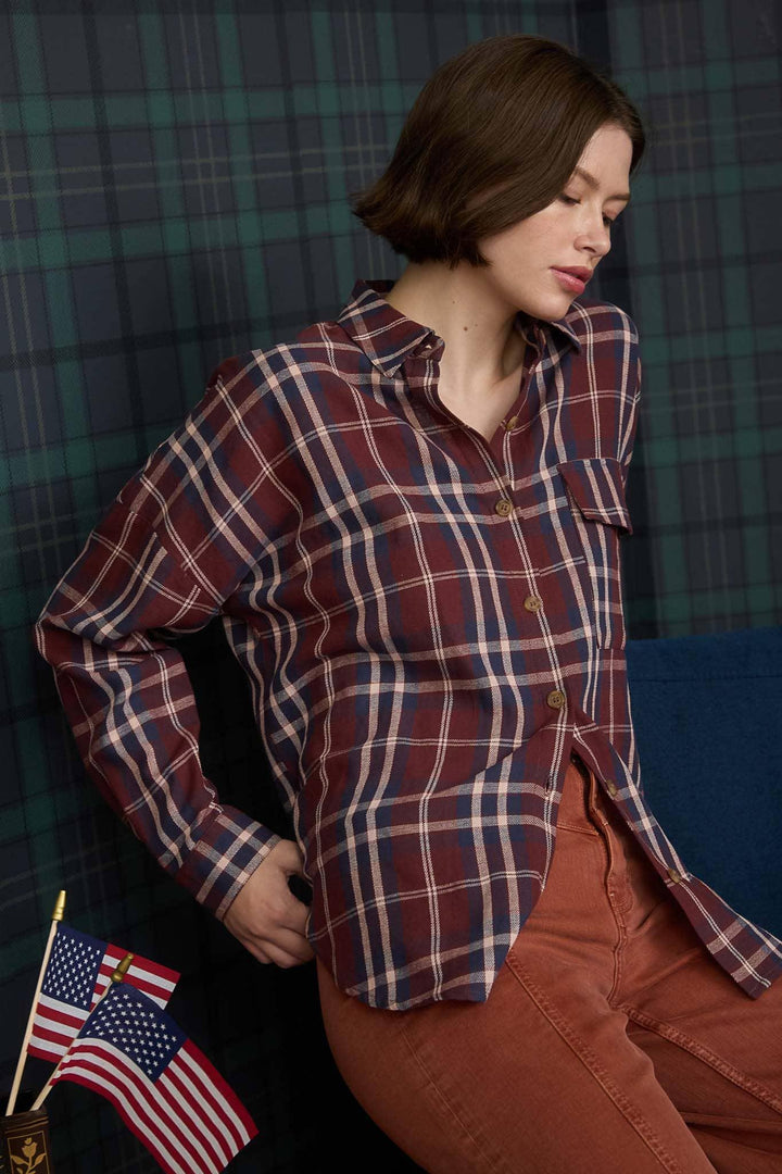 Women's Long Sleeve - PLAID BUTTON DOWN POCKET DETAIL LONG SLEEVE SHIRT - BURGUNDY MULTI - Cultured Cloths Apparel
