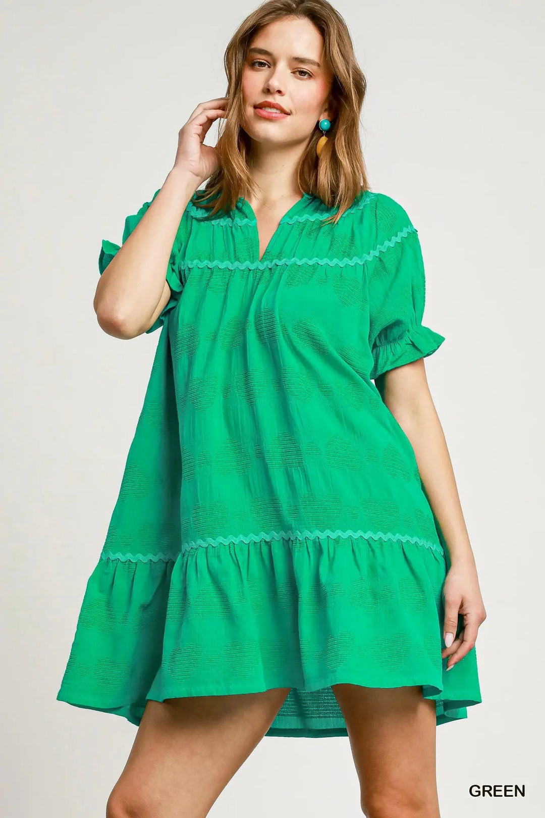 Women's Dresses - Umgee Heart Pattern Short Sleeve Ruffle Babydoll Dress - Green - Cultured Cloths Apparel