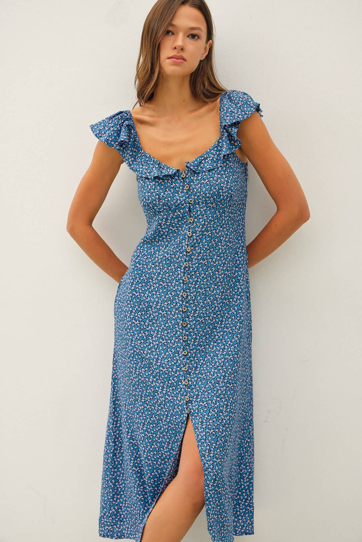 VITAGE DITSY PRINT RUFFLEED MIDI DRESS