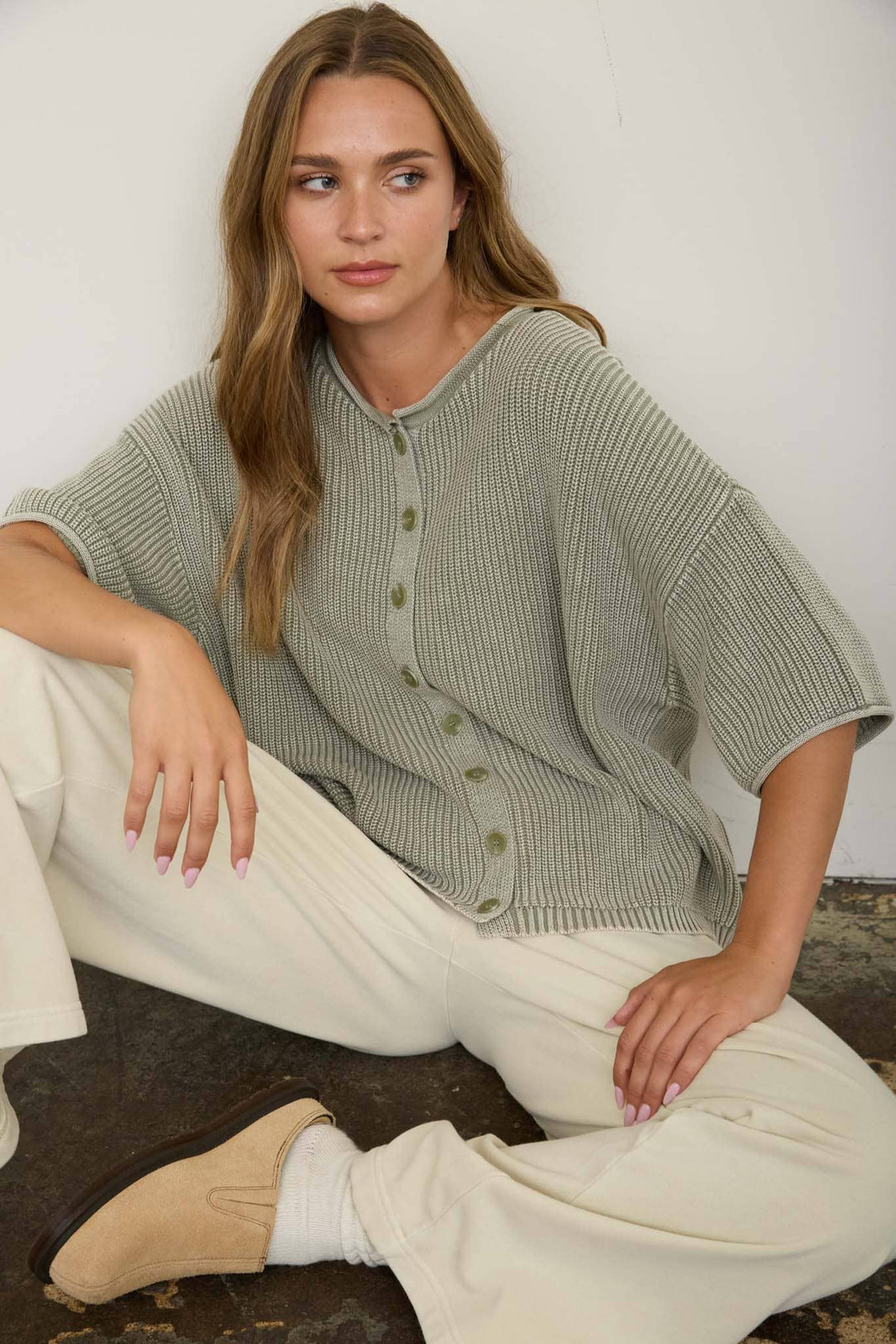 Cardigans - WASHED RIBBED SHORT SLEEVE ROLLED EDGE CARDIGAN - - Cultured Cloths Apparel