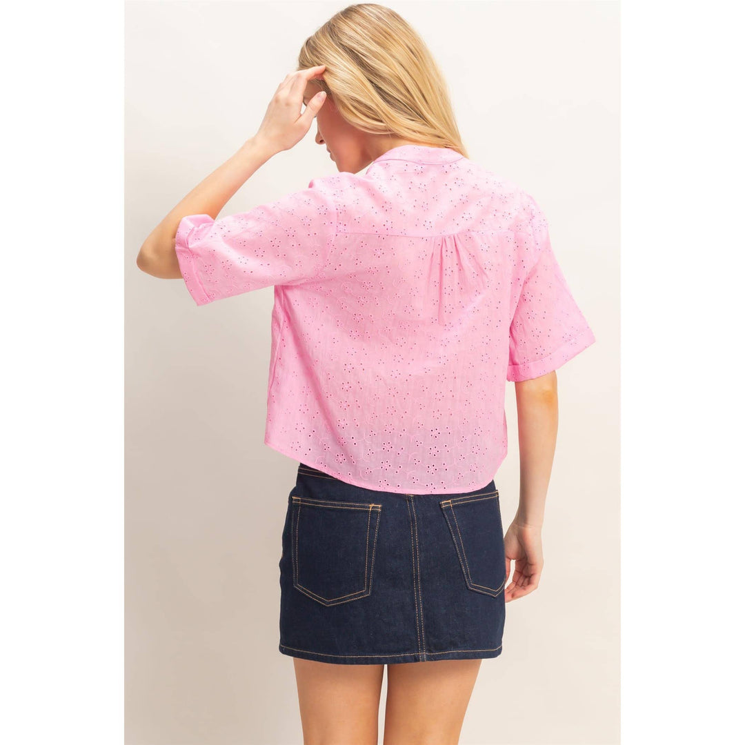 Olive Floral Eyelet Mandarin Collar Top