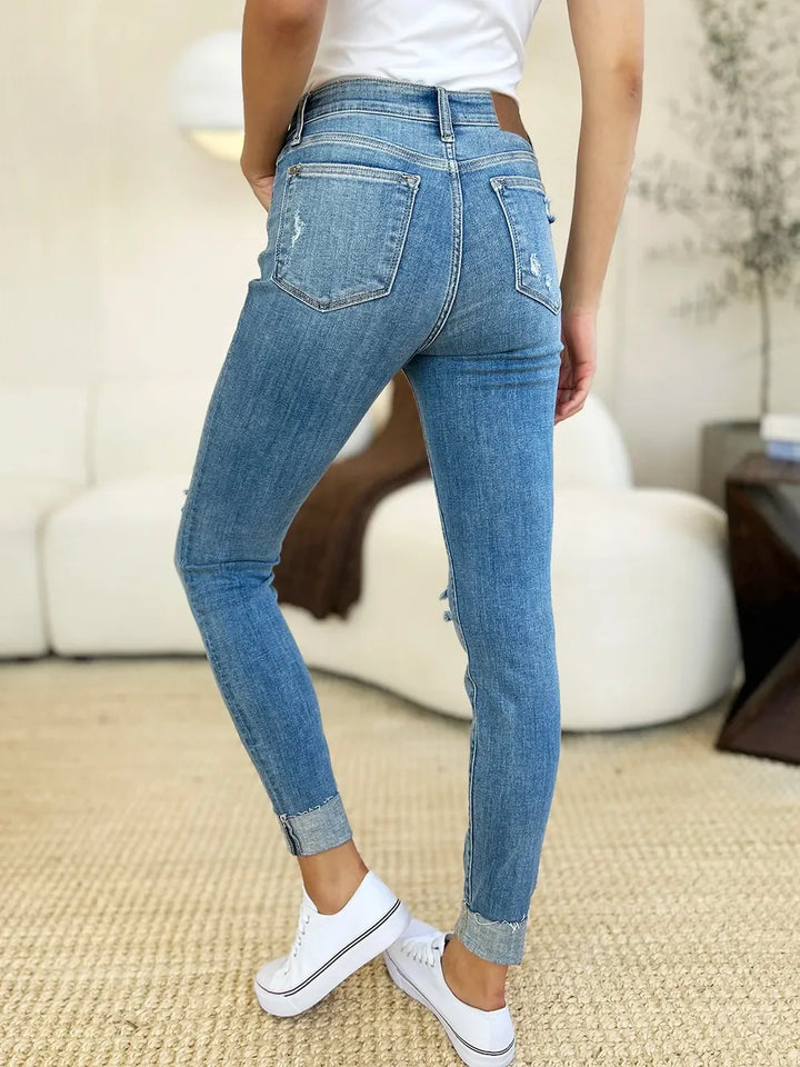 Denim - Judy Blue Full Size Mid Rise Destroy & Cuff Skinny Jeans - - Cultured Cloths Apparel