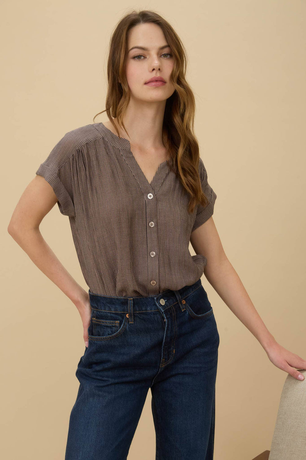 Women's Short Sleeve - PINSTRIPE SHORT CUFF SLEEVE BUTTON DOWN SHIRT - - Cultured Cloths Apparel